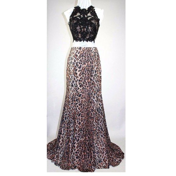 NEW Women's Formal Embroidery Leopard Print 2 PCE Long Evening Gown prom dress - Picture 1 of 6